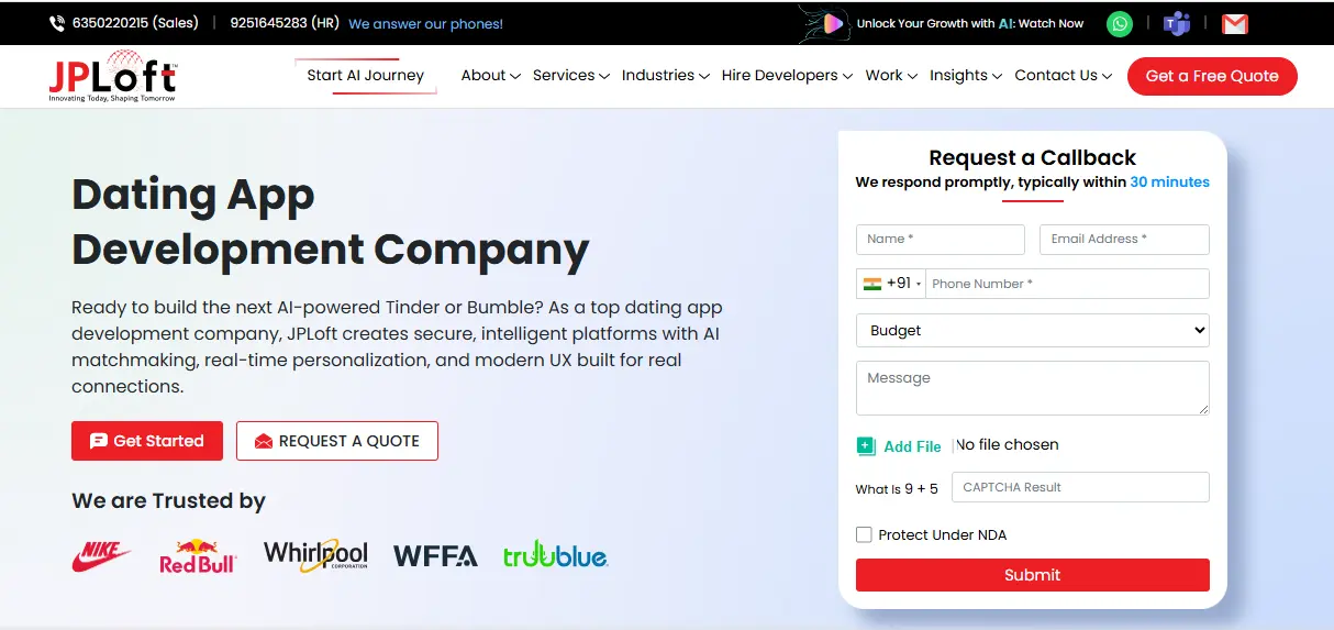 1. JPLoft- Dating App Development Company